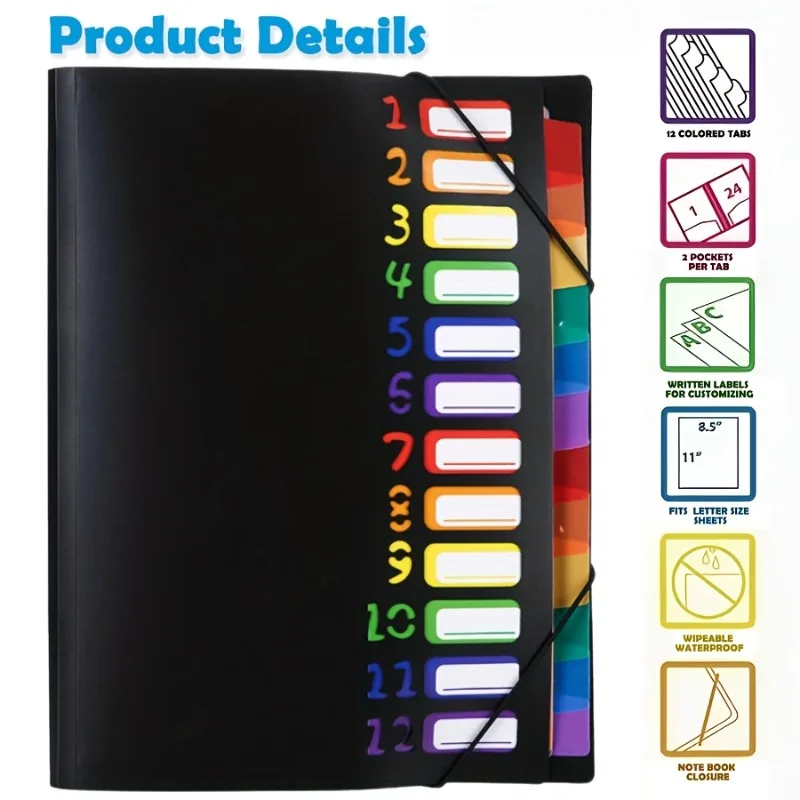 1Pc Black/White Cover Multi-Layer A4 Folder With Rainbow-Colored Tabs & Dividers - Durable Plastic Document Organizer, For Schoo