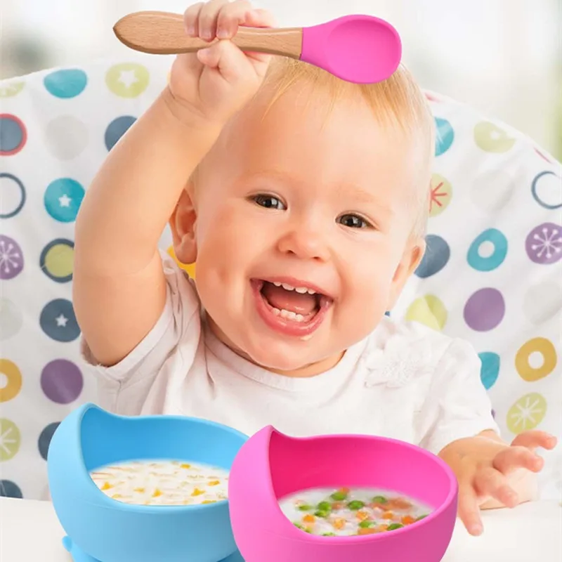 2Pcs/Set Baby Silicone Spoon Fork with Wooden Handle Baby Feeding Tableware Toddlers Infant Feeding Accessories Utensils