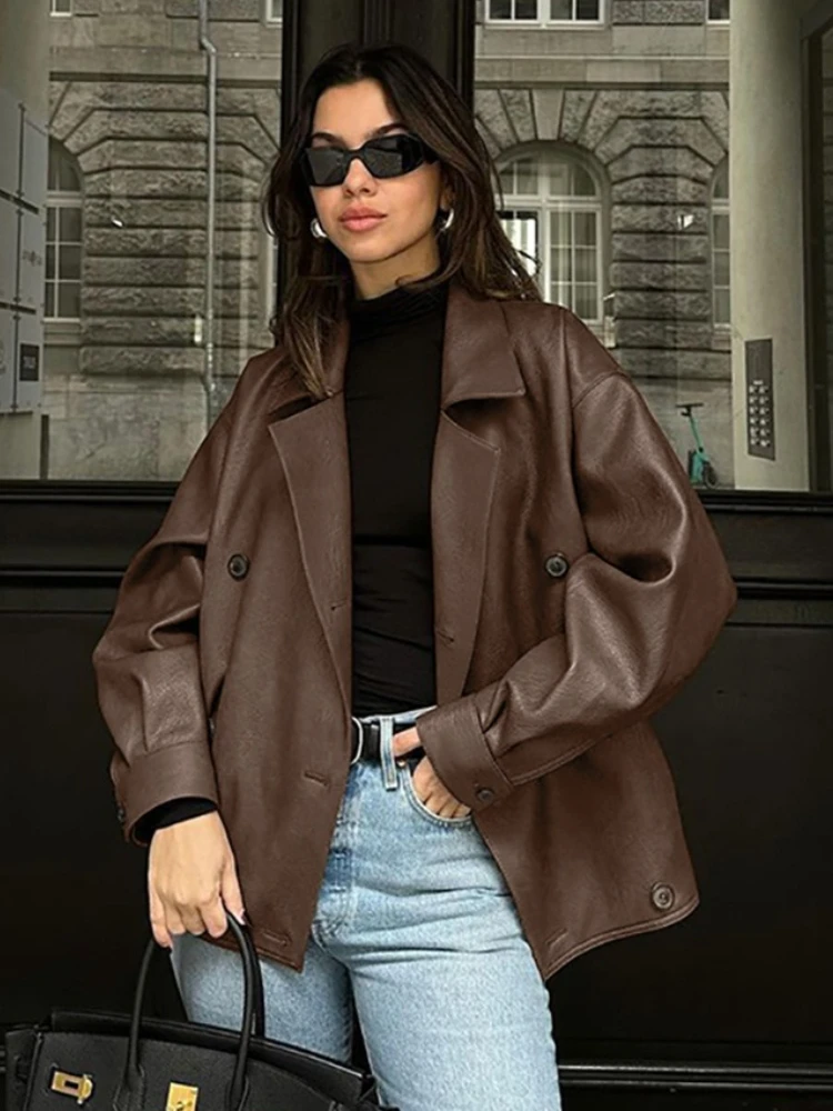 

Retro Suit Collar Loose Leather Jackets Women's 2025 Autumn Winter Fashion Solid Double Breasted Female High Street Coat