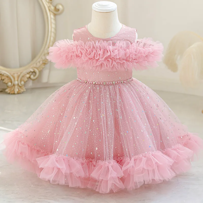 

Elegant Baby Girls Sequins Beaded Tulle Princess Dress For Kids Wedding Birthday Party Formal Evening Pageant Baptism Gown