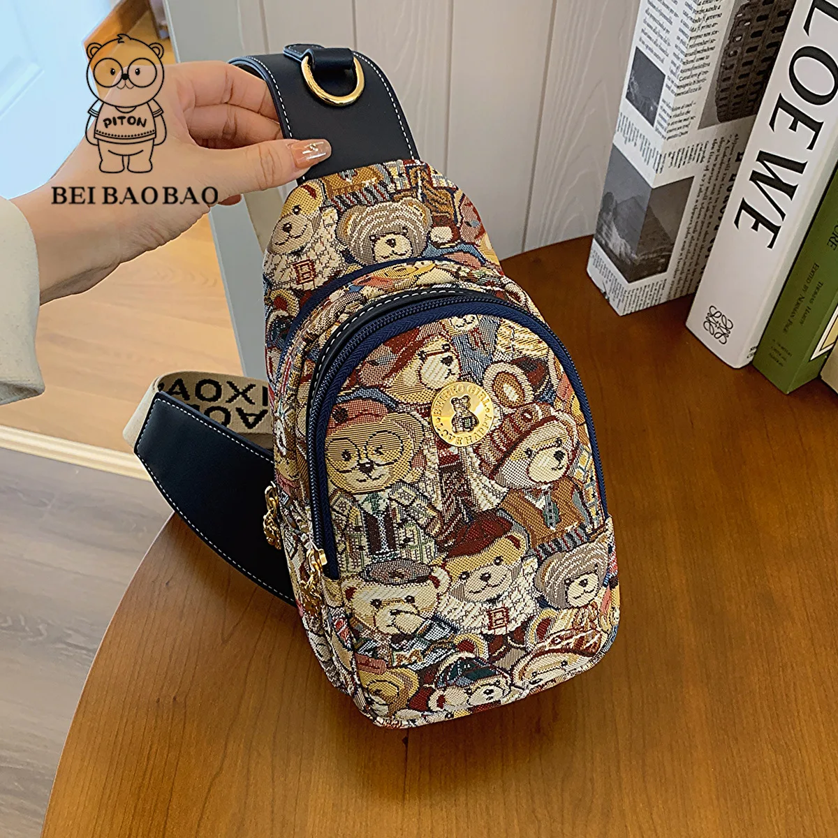 beibaobao 2024 New Cartoon Bear Chest Bag Casual Women's Bag Trendy Fashion Waist Bag Zero Wallet Sports Shoulder Bag Mobile Bag