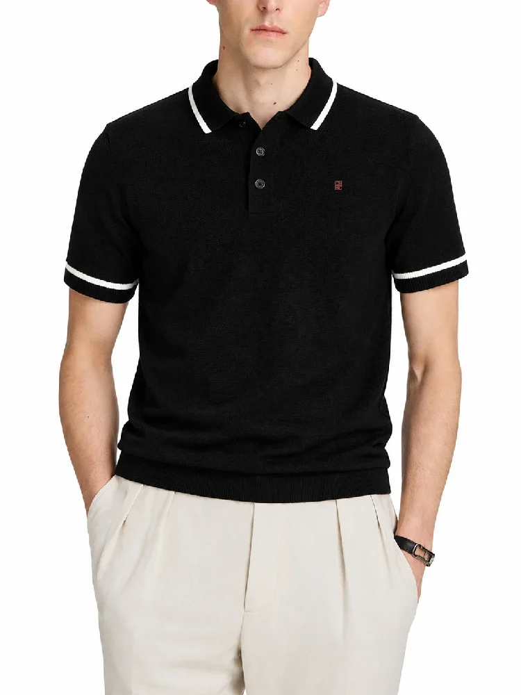 CH Herren-Polo mit Rippenbündchen, gestreiftem Kragen und Ärmelbündchen, kleiner Kontrastbuchstaben-Stickerei auf der Brust, aus Mesh-Strick, Kurzarm, für Büro und Alltag, elegantes Oberteil – Detail 2