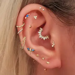 Chain Hoop Earring Daith Tragus Helix Lobe Ear Piercing Blue Zircon Heart Stainless Steel Stud Earring Ear Caritilage Piercing