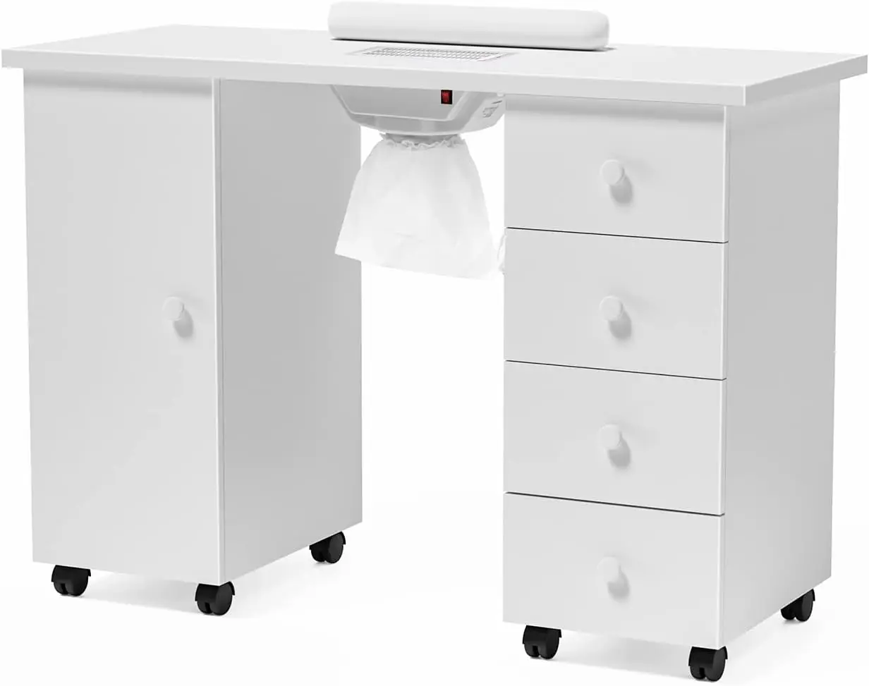 Manicure Table Nail Desk for Nail Tech, Nail Table Beauty Salon Tech Station w/Electric Downdraft Vent, Lockable Wheels