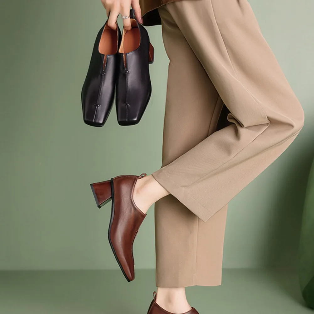 2026 New Women's High Heels Genuine Leather Solid Chunky Heel Deep-Cut for Party Festival & Special Occasions