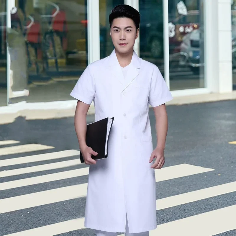 Bata de laboratorio de manga corta para hombre, vestido de médico y enfermera, uniformes médicos de manga larga, chaqueta blanca con cinturón ajustable