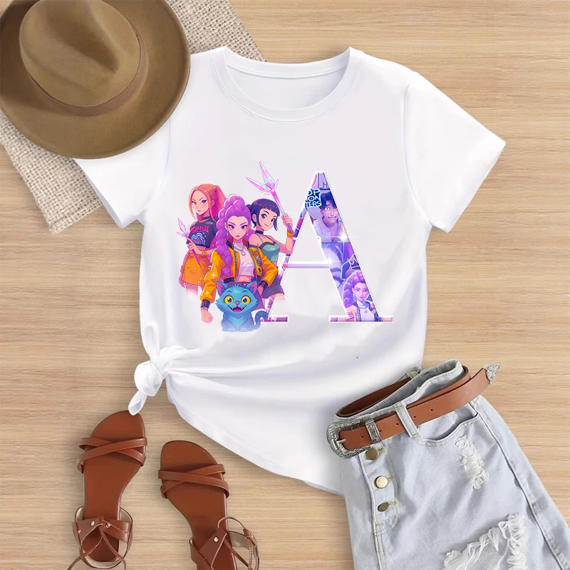 

Детские футболки с буквенным принтом в стиле аниме KPop Demon Hunters, летние уличные топы с короткими рукавами для девочек и мальчиков, детская одежда, новинка для малышей