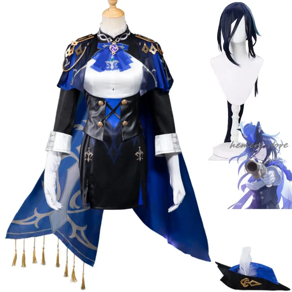 

Anime Game Genshin Impact Clorinde Cosplay Costume Fontaine Fatui Wig Dress Uniform Full Set Woman Sexy Carnival Halloween Suit