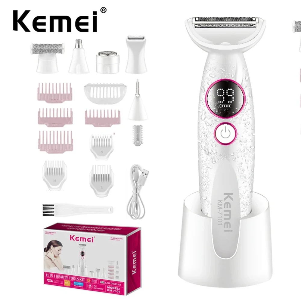 Kemei มัลติฟังก์ชั่ไฟฟ้าผู้หญิงเครื่องโกนหนวดมีดโกนไร้สายสําหรับขาแขนใต้วงแขนบิกินี่กันน้ําคิ้วผม