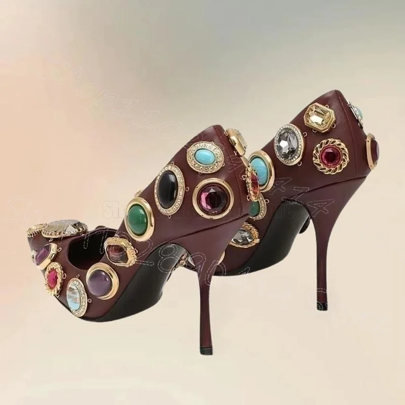 컬러풀 크리스탈 스톤 얕은 포인트 토 펌프스 슬립온 여성 신발 얇은 하이힐 파티 연회 데이트 2025 여성용 신발