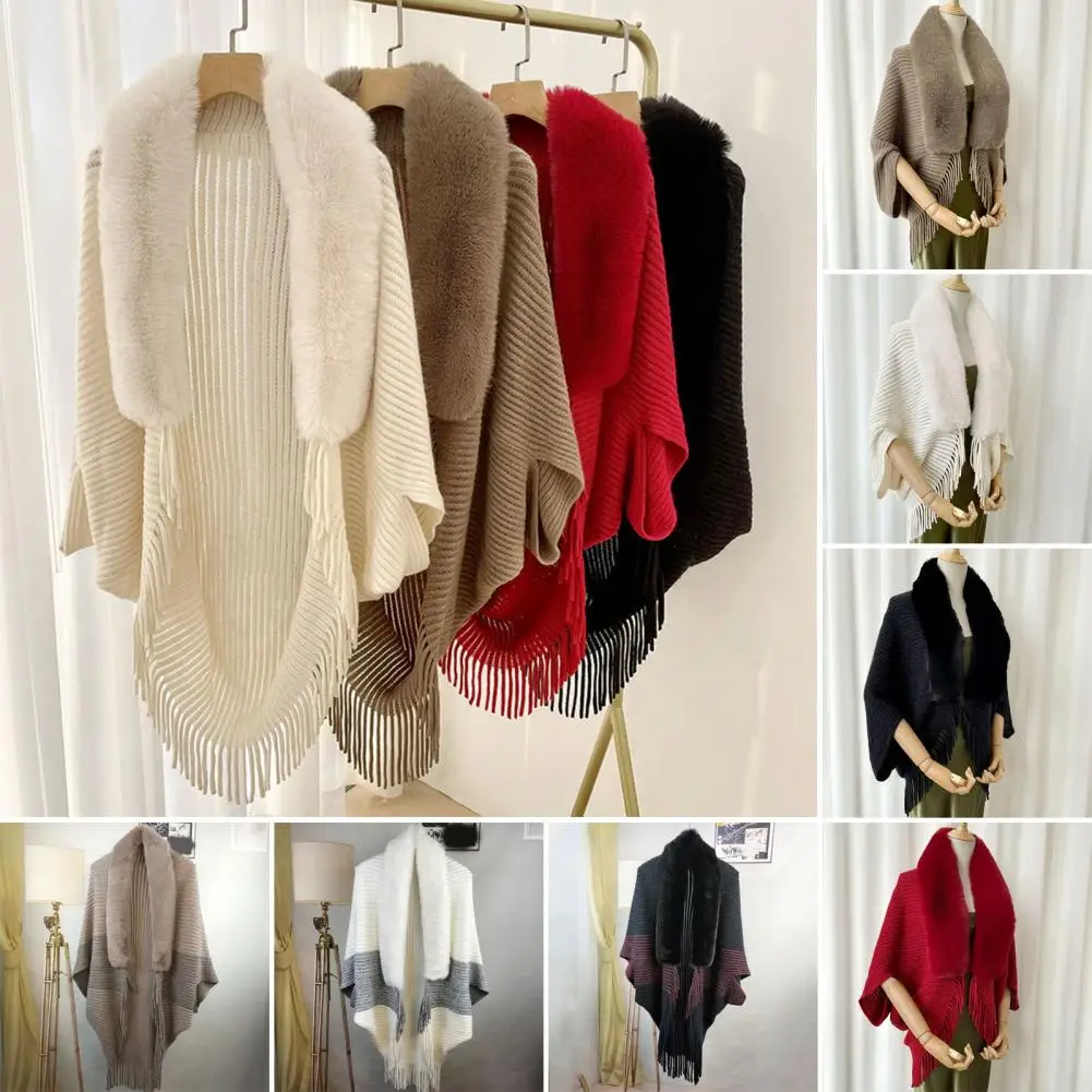 Women Winter Shawl Thick Knitted Plush Tassel Open Stitch Cardigan Solid Color Neck Faux Fur Ponchos Party Prom Cape