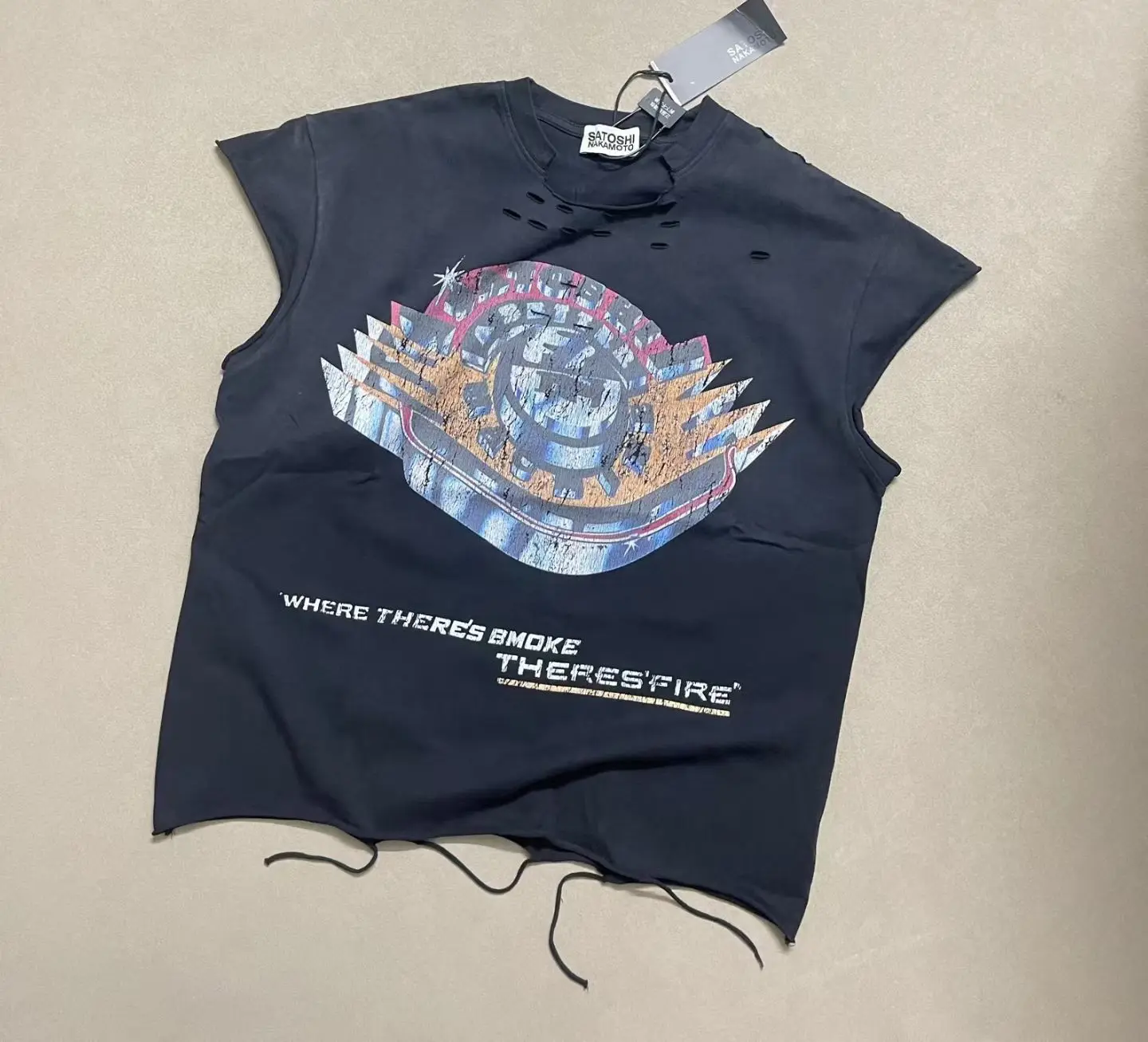 Hole Satoshi Nakamoto Where There’s Smoke There’s Fire Distressed Ripped Sleeve Tank Top Sleeveless Men Women T-Shirt