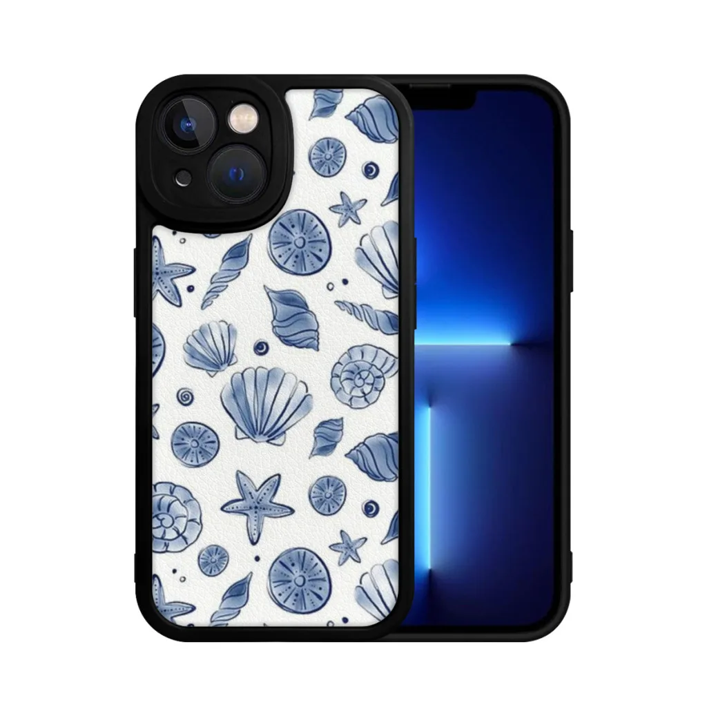 Marine Life Seashell Blue and White Pattern Phone Case For iPhone 15 Pro Max Plus Soft  Silicone Cover