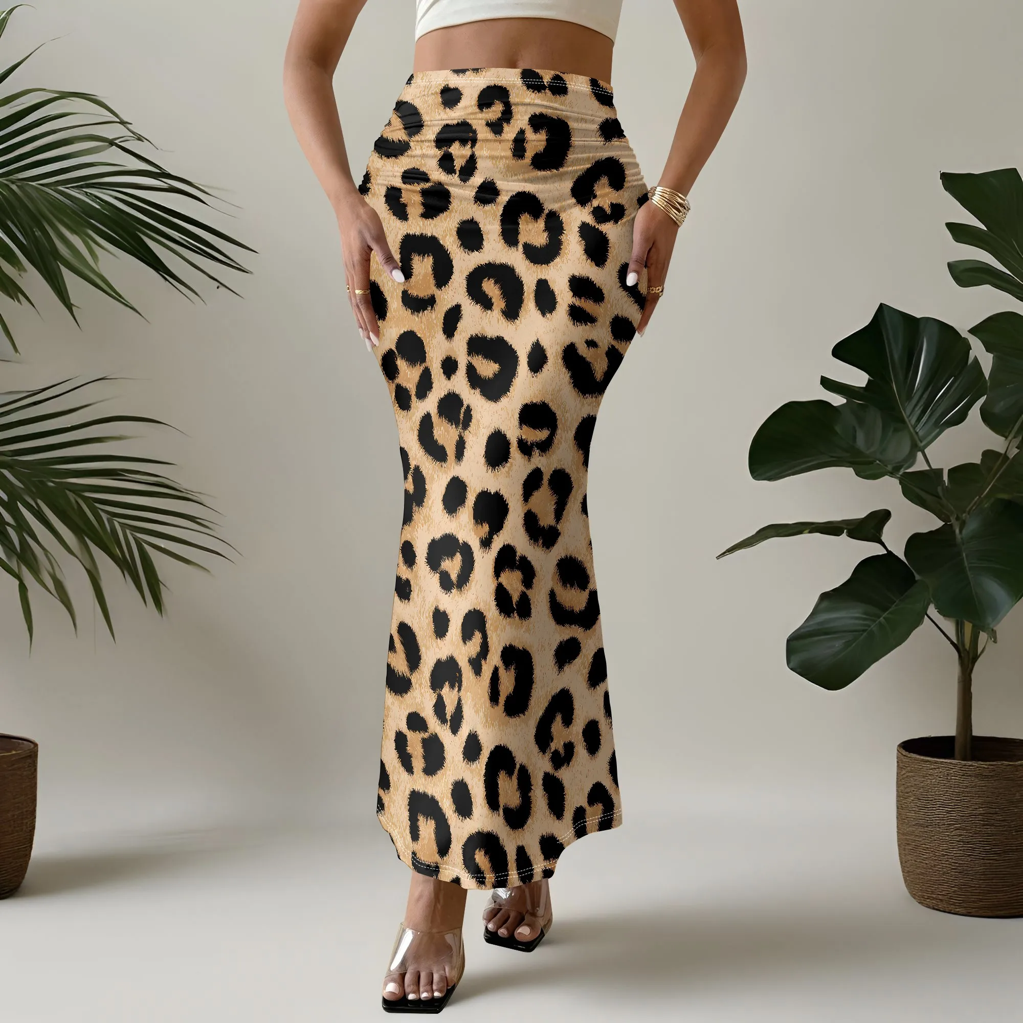 Leopard Print Mermaid Skirt, High Waist Bodycon Midi Skirt, Stretchy Animal Pattern Bottoms, Club Party Wear, S-2XL