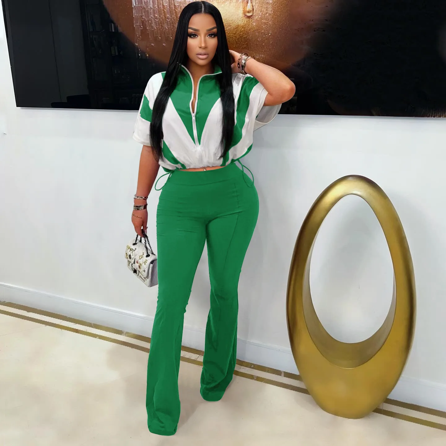 Set Celana Dua Potong Olahraga Warna Sambungan Blok Warna Pinggang Ritsleting Karet Kasual Fashion Wanita