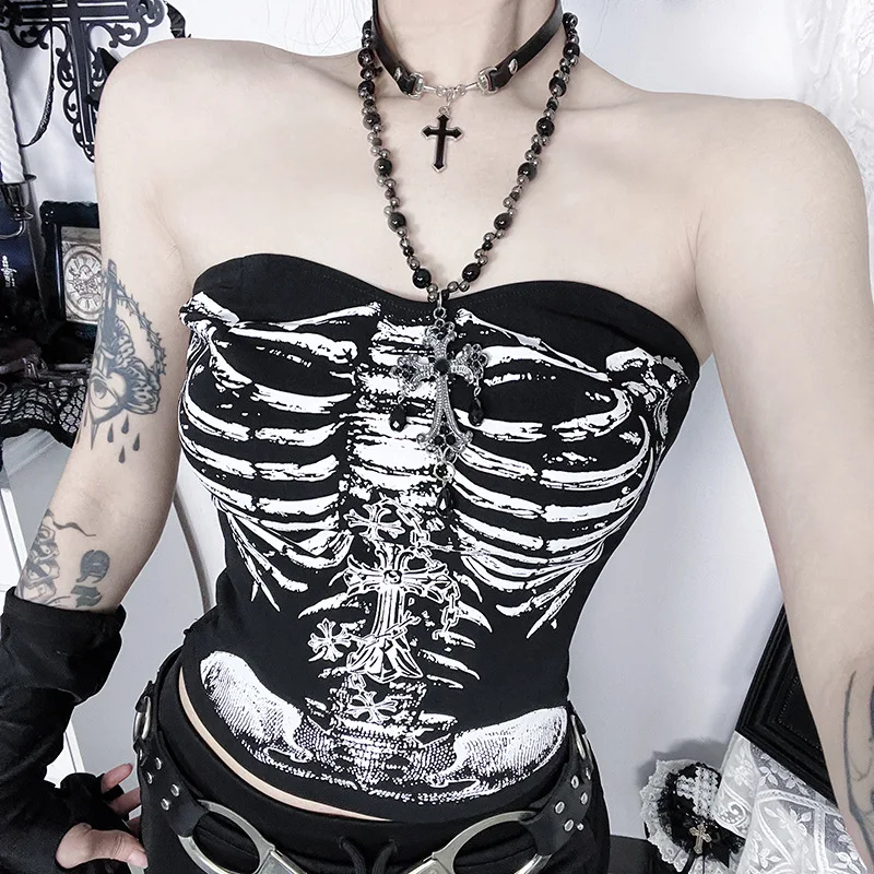 Estate Americano Gotico Scuro Sexy Backless Maglia da Donna Stampa Teschio Punk Y2K 2000s Canotta Corta Estetica Sottile Top Streetwear