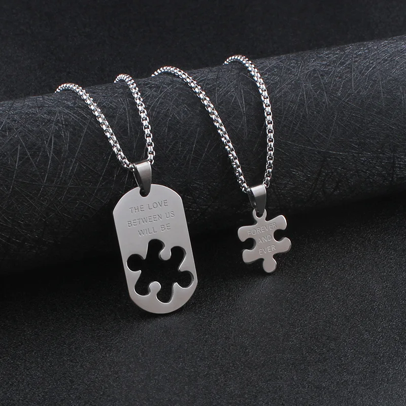 Fashion Hip Hop Minimalist Puzzle Couple Necklace Titanium Steel Pendant Stylish Versatile Jewelry Accessory for Couple