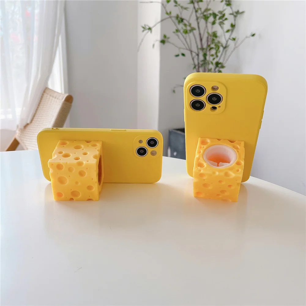 Cute Soft Yellow Cheese Mouse Bracket Case For iPhone 14 13 Pro Max 12 11 X XS XR 7 8 Plus Camera Lens Protective Silicone Cover