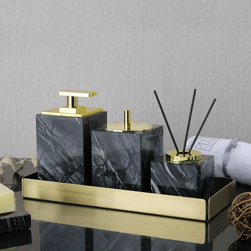 Wholesale Black Natural Marble Stone Bathroom Luxury Toothbrush Holder Soap Dispenser Soap Dish Tray Bathroom Accessories Sets