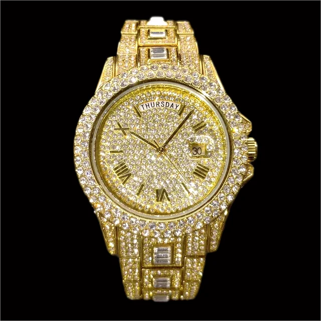 Hot Fashion Iced Out Watch For Mens Brand MISSFOX Luxury Automatic Date Week Gold Wristwatch Hip Hop Diamond Quartz Clocks Reloj