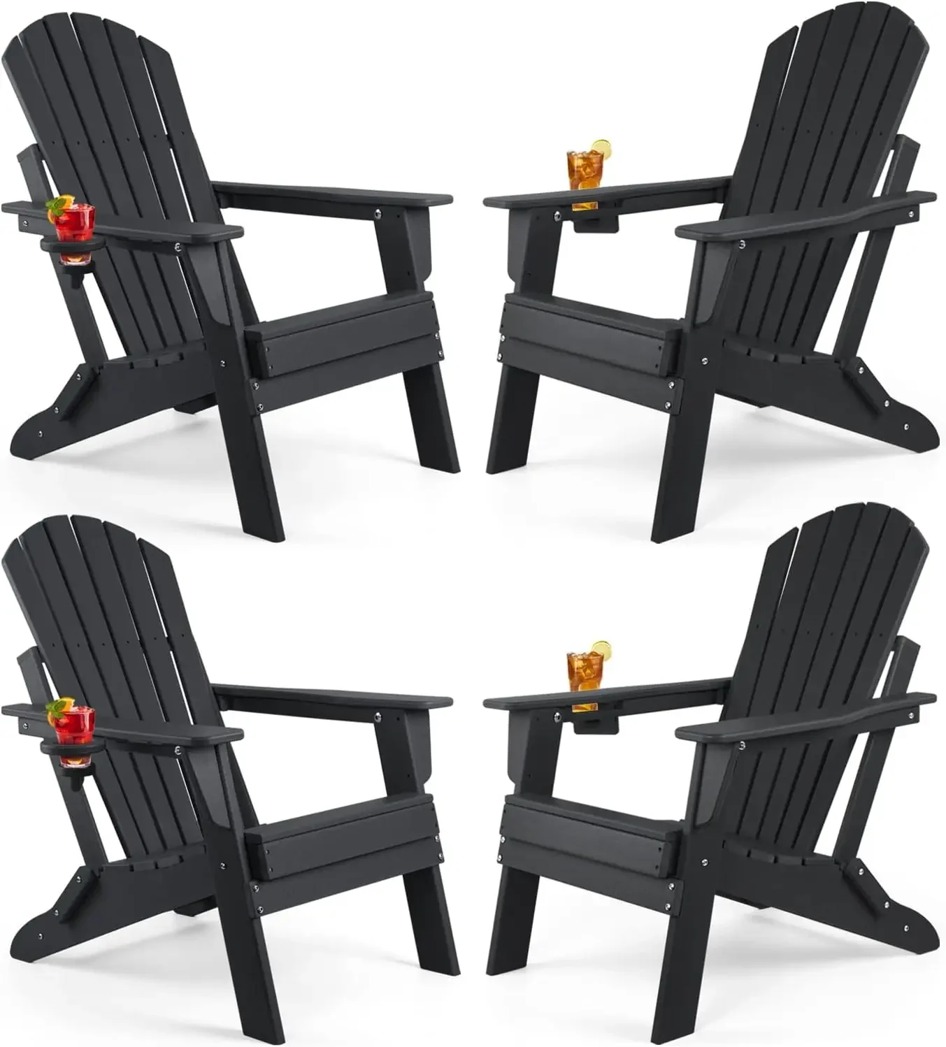 Folding Adirondack Chair Set of 4, Fire Pit Chairs, Plastic Adirondack Chairs Weather Resistant with Cup Holder, Composite Adiro