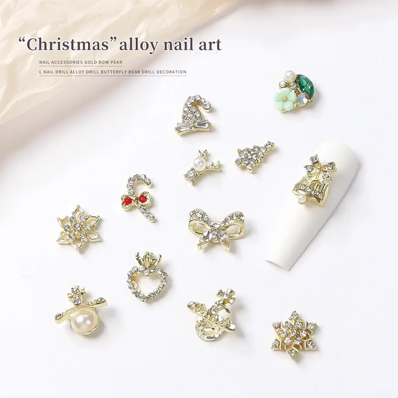 10Pcs/Lot New Japanese Nail Enhancement Pearl Bowknot Christmas Bell Nail Enhancement Diamond Metal Nail Accessories