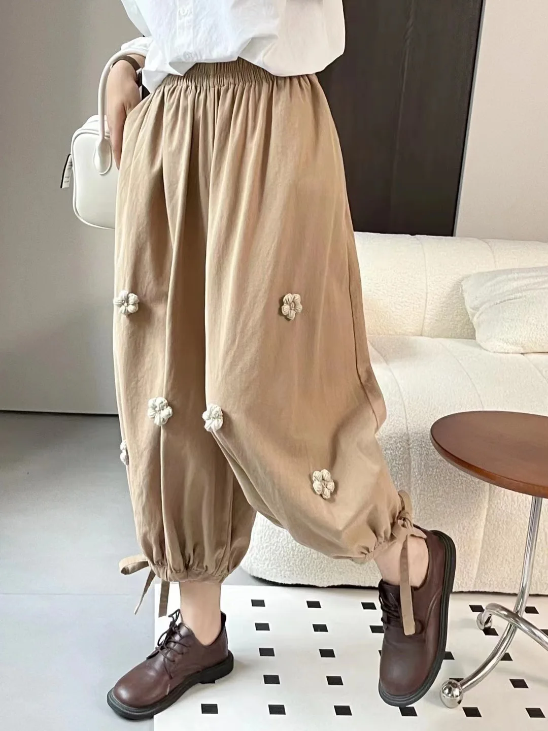 2025 신상 여름 코튼 블루머 팬츠, 여성용 밴딩 허리 3D 플로럴 패치워크, 모리걸 프렌치 빈티지 루즈핏 트라우저 B57886CC