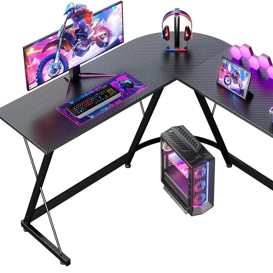 Coleshome  Gaming Schreibtisch in L-Form, Gaming Tisch, Stabiler Eckschreibtisch, einfache Montage, für Wohnzimmer & Arbeitszimmer, 120×120 cm, Kohlefaser Schwarz
