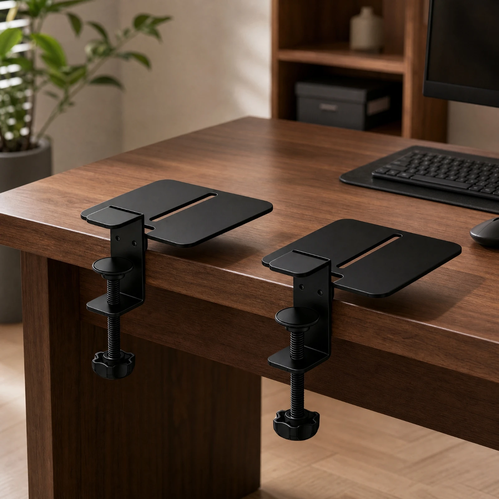 2 Pieces Black Stainless Steel Desktop Speaker Stand Stable No-Drill Desk Speaker Stand Heavy Duty Space-Saving for Home Office