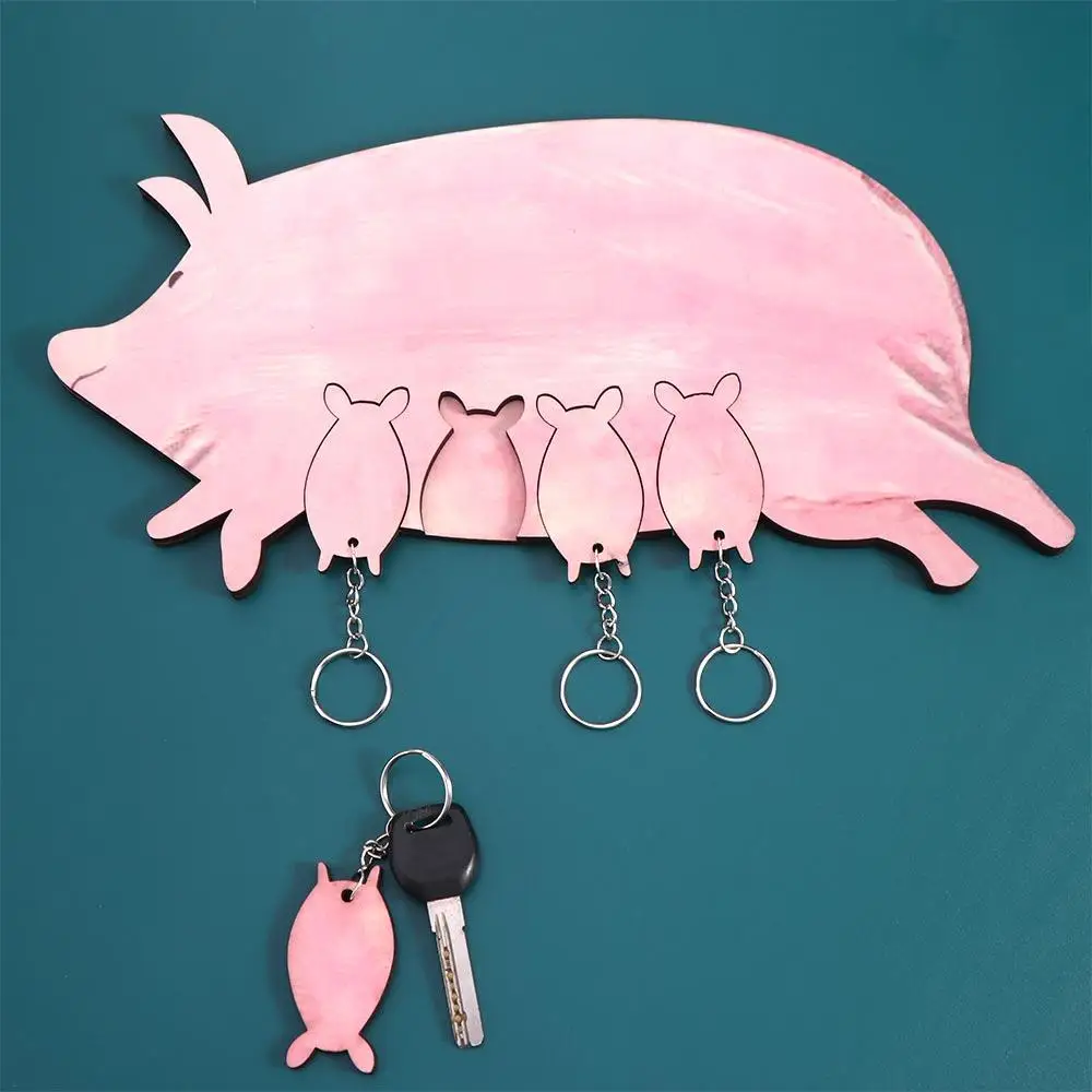 Cute Pink Wooden Piggy Key Ring Small Wall Mounted Clothes Hanger Rustic Decorative Car Hanger Farmhouse