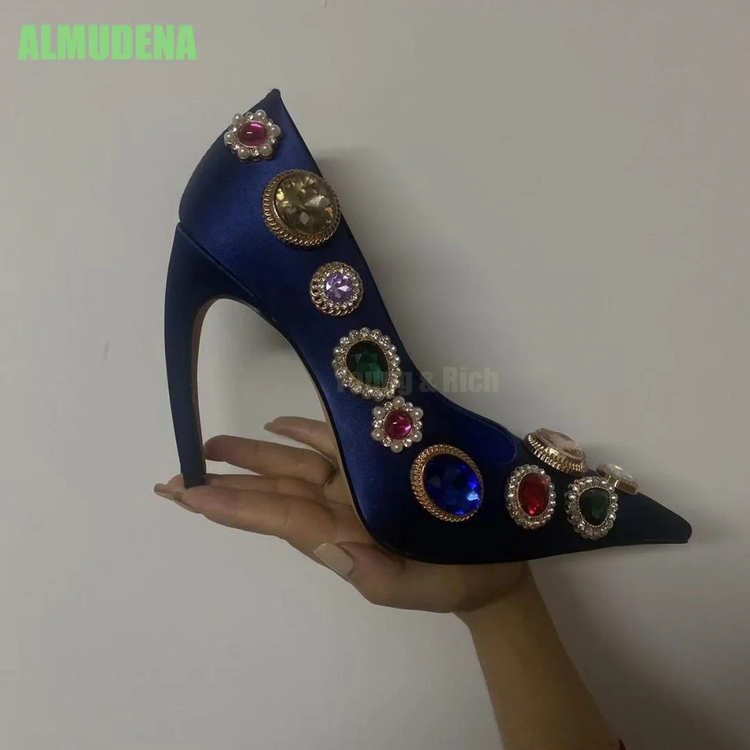 Women Satin Pointed Toe Stiletto Pumps Colorful Gem Rhinestone Decor Slip On High Heels Elegant Evening Party Dress Footwear
