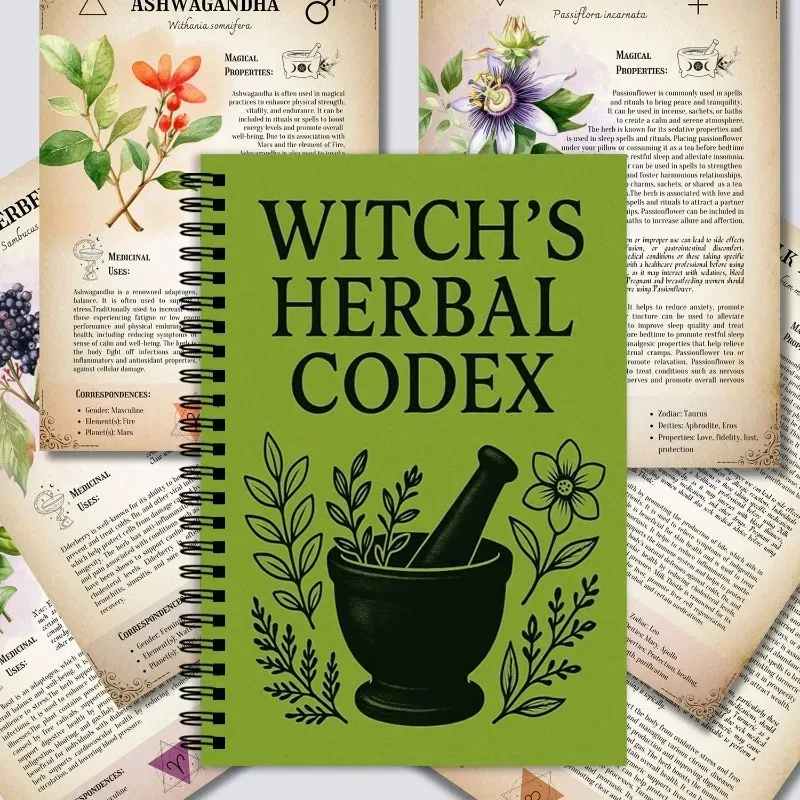 2026 New Witch's Herbal Codex A5 Green Hardcover Spiral Notebook Wicca Herbal Record Journal Best Seller