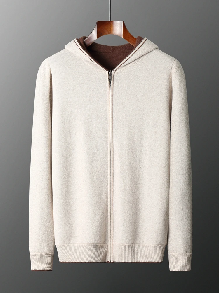 

TLOML мужской 100% кашемировый свитер, толстый двусторонний кардиган на молнии с капюшоном, осень-зима, мягкое повседневное кашемировое двустороннее пальто