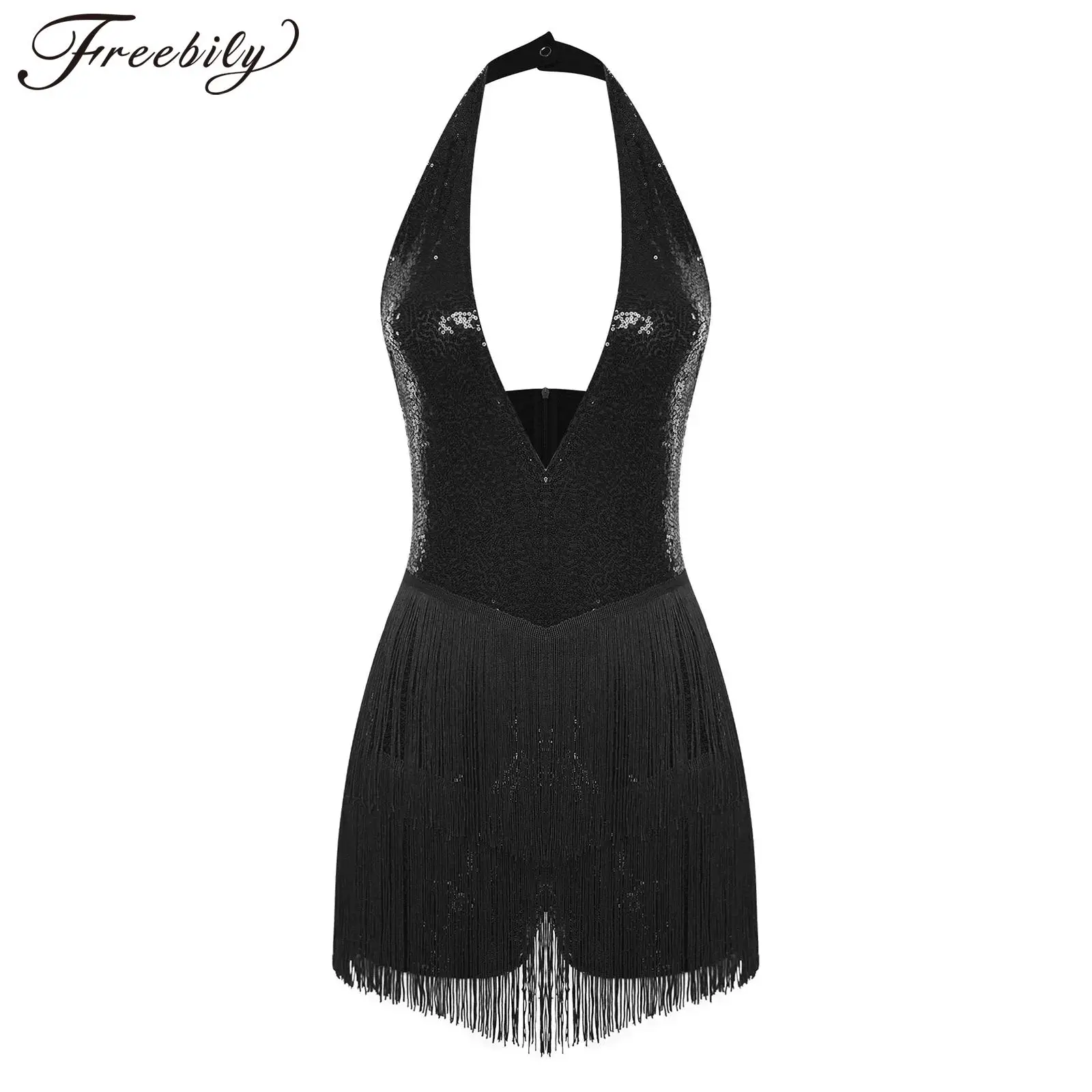 

Женский боди для латинских джазовых танцев с блестками и лямкой на шее, глубокий V-образный вырез с открытой спиной, многоуровневый купальник с кисточками, костюм для бальных танцев ча-ча, сальсы, танго