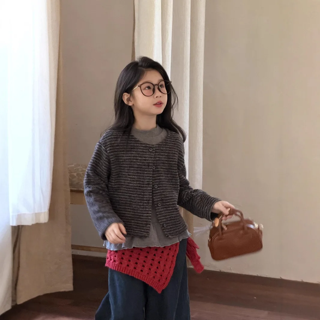 

2025 Autumn Girls Korean Style Striped Cardigan Round Neck Open Front Coat ToddlerSoft Cotton Blend Casual Kids Outerwear