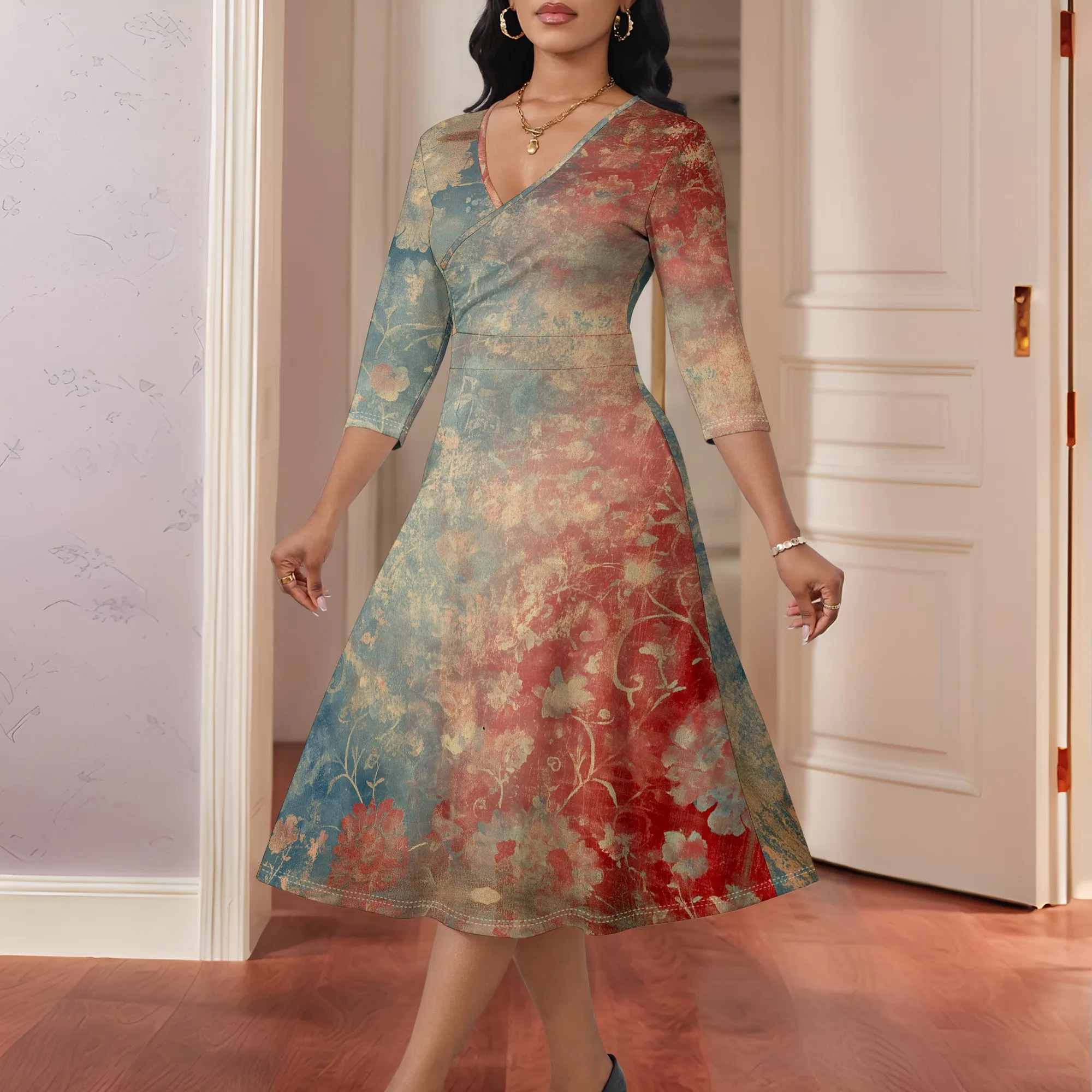 

Vintage Floral Wrap Dress XS-3XL Perfect for Autumn Winter Weddings, Holiday Parties, and Romantic Dates