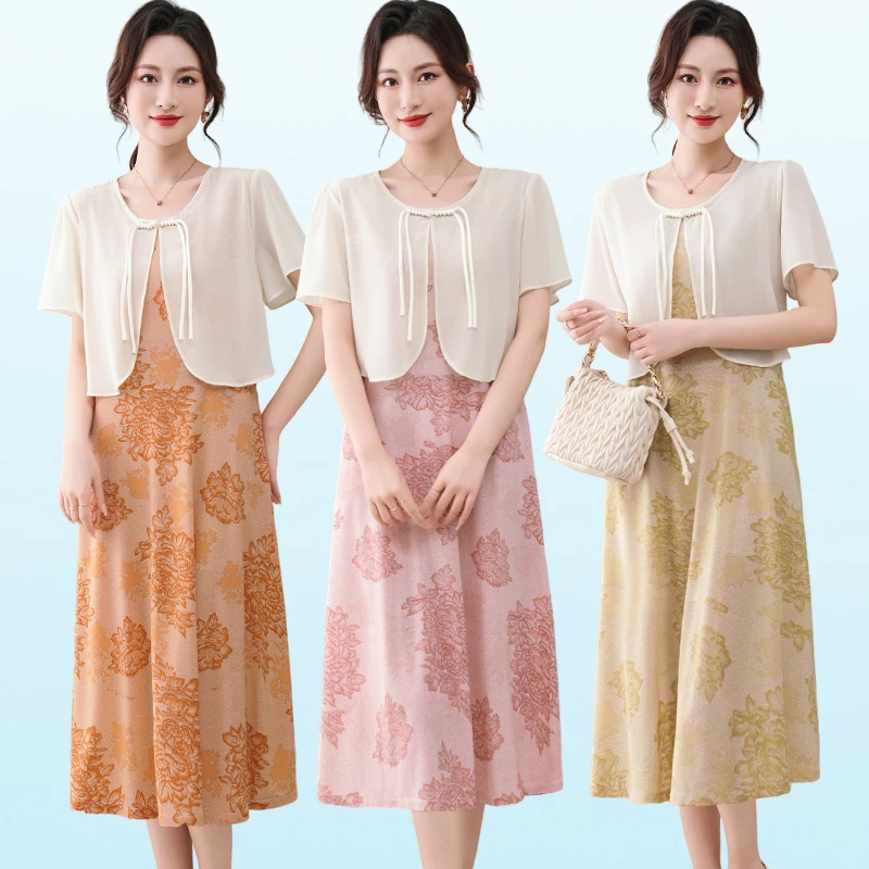 夏フェイクツーピースパッチワークドレスヴィンテージブロークンフラワー婦人服スタイリッシュな中国ディスクバックル A ラインミディドレス