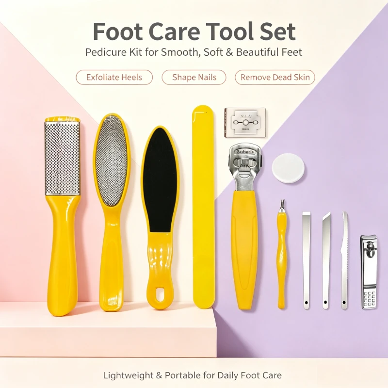12Pcs Professional Foot Care Pedicure Tools Set,Yellow Plastic Handle Kit ,Foot File,Callus Remover,Dead Skin & Corn Cutter