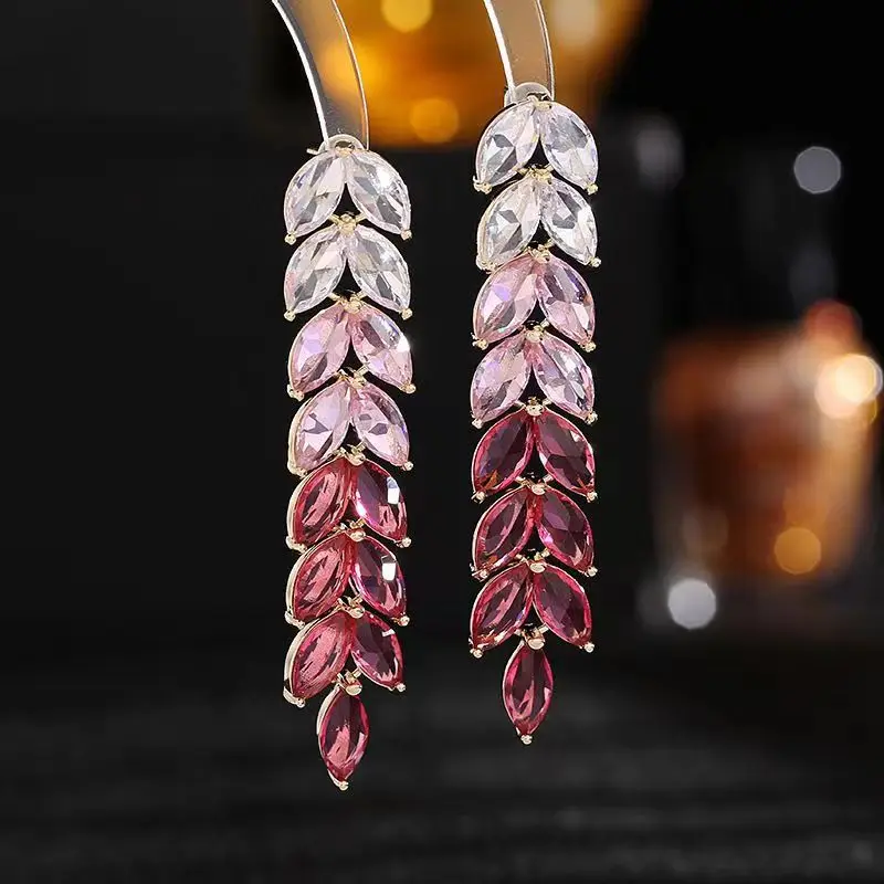 ZAKOL Gradient Purple Wheat Earrings Shiny Leaf Colorful Zircon Long Drop Earring Luxury Jewelry Gifts