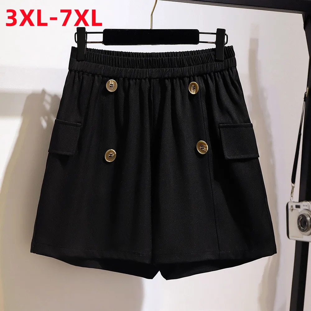 Nieuwe 2022 Dames Zomer Plus Size Shorts Vrouwen Grote Maat Loose Casual Wijde Pijpen Knop Pocket Black Shorts 3XL 4XL 5XL 6XL 7XL