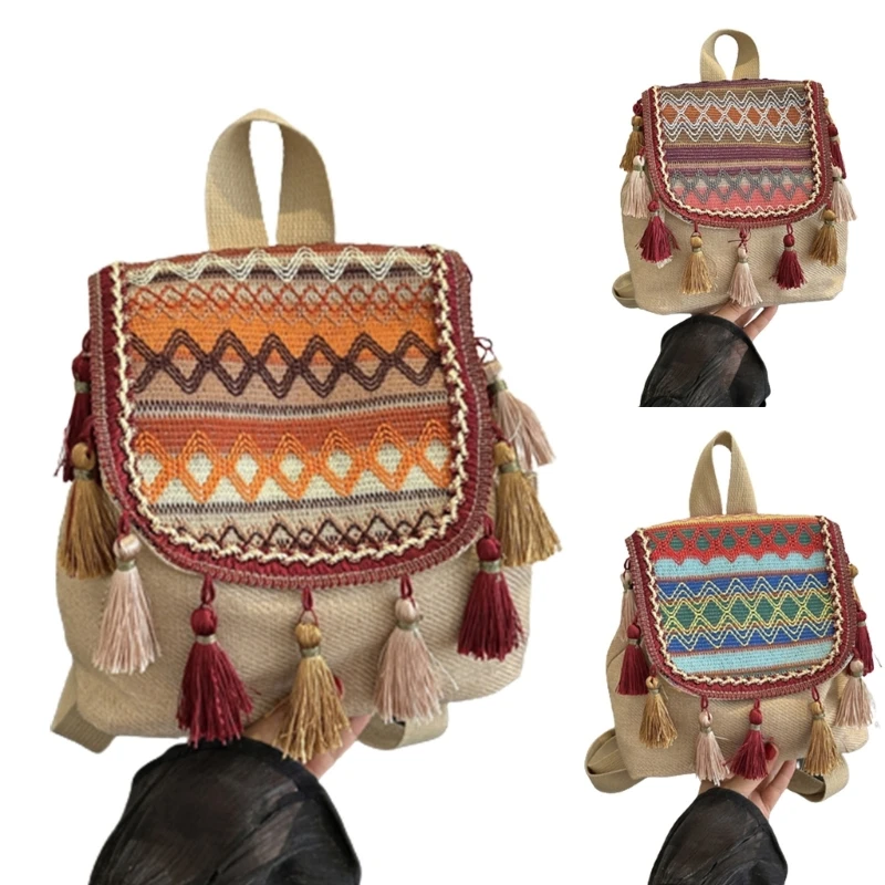 

Large Capacity Backpack Bag for Girl Student with Tassels Ethnic Rucksack