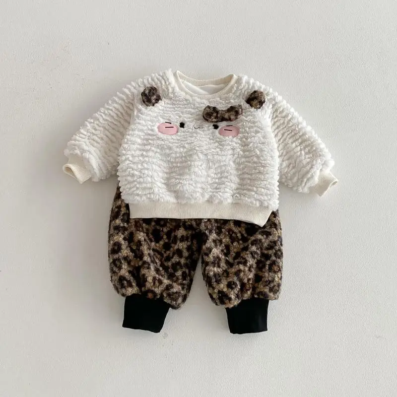 2025 Winter New Baby Girl Warm Plush Clothes Set Children Girls Cute Cat Sweatshirt + Leopard Pants 2pcs Suit Toddler Outfits