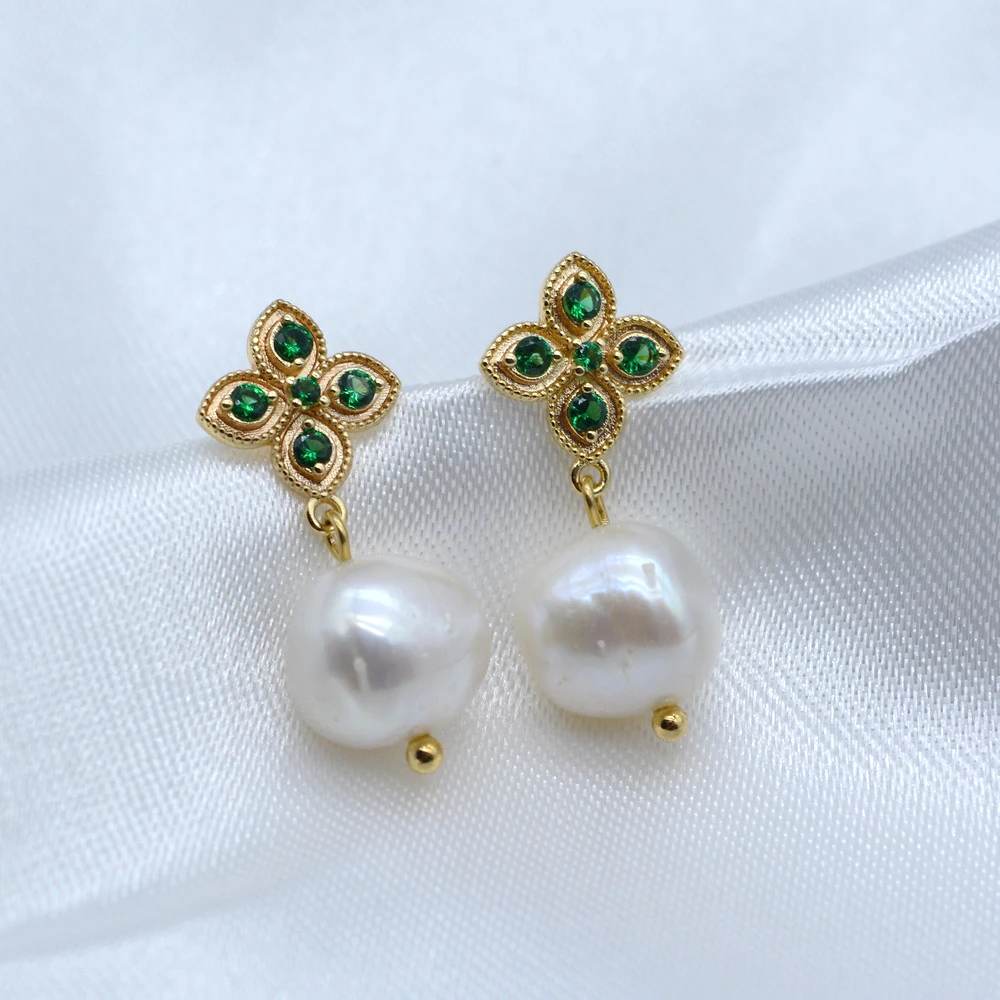 

Natural Baroque Pearl Pendant Earrings Green Cubic Zirconia Gold Stud Earrings Fashion Women's Jewelry