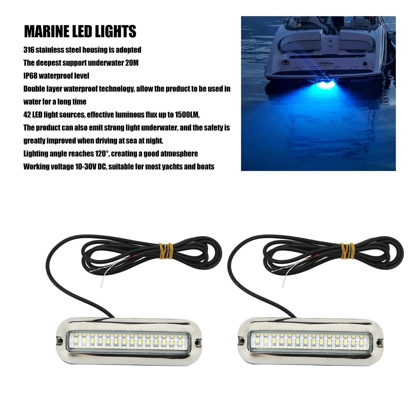 2Pcs Marine Led Lights 42LEDS Waterproof Underwater LED Boat Light 10-30V DC Drain Plug Light for Yacht Boat