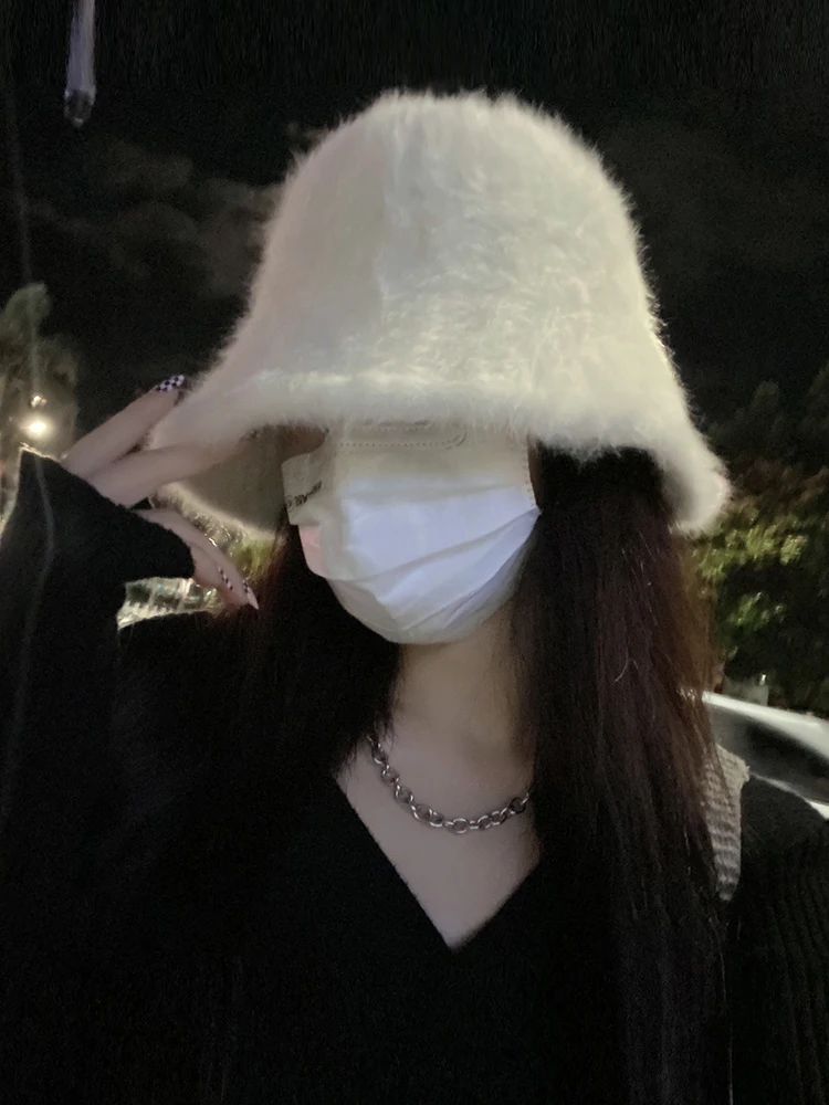 Women's Autumn Winter White Rabbit Fur Bucket Hat Plush Fisherman Cap Large Head Circumference Small Face Effect Hat
