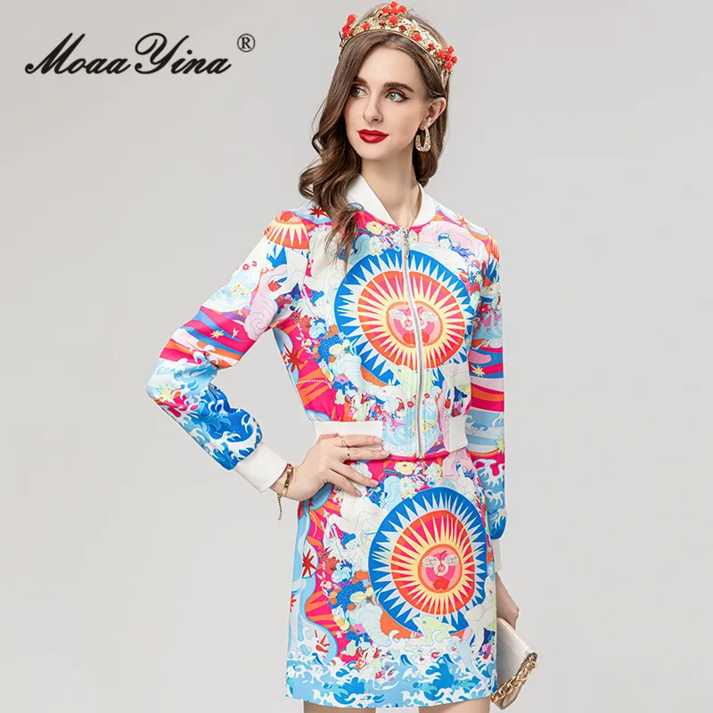 

MoaaYina Spring Fashion Designer Vintage Print Skirt Set Women Stand Collar Slim Jacket+Mini Package Buttocks Skirt 2 Pieces Set