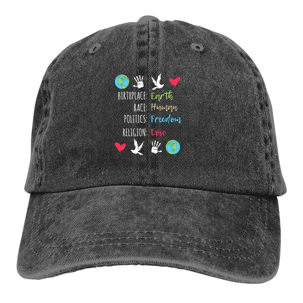 Washed Men's Baseball Cap Birthplace Earth Race Human Politics Religion Love Trucker Snapback Caps Dad Hat Peace Dove Golf Hats