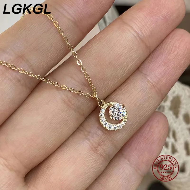 

LGKGL 925 Sterling Silver Fashion Simple Crescent Crystal Moon Pendant Necklace Women Shiny High-end Wedding Jewelry Accessories