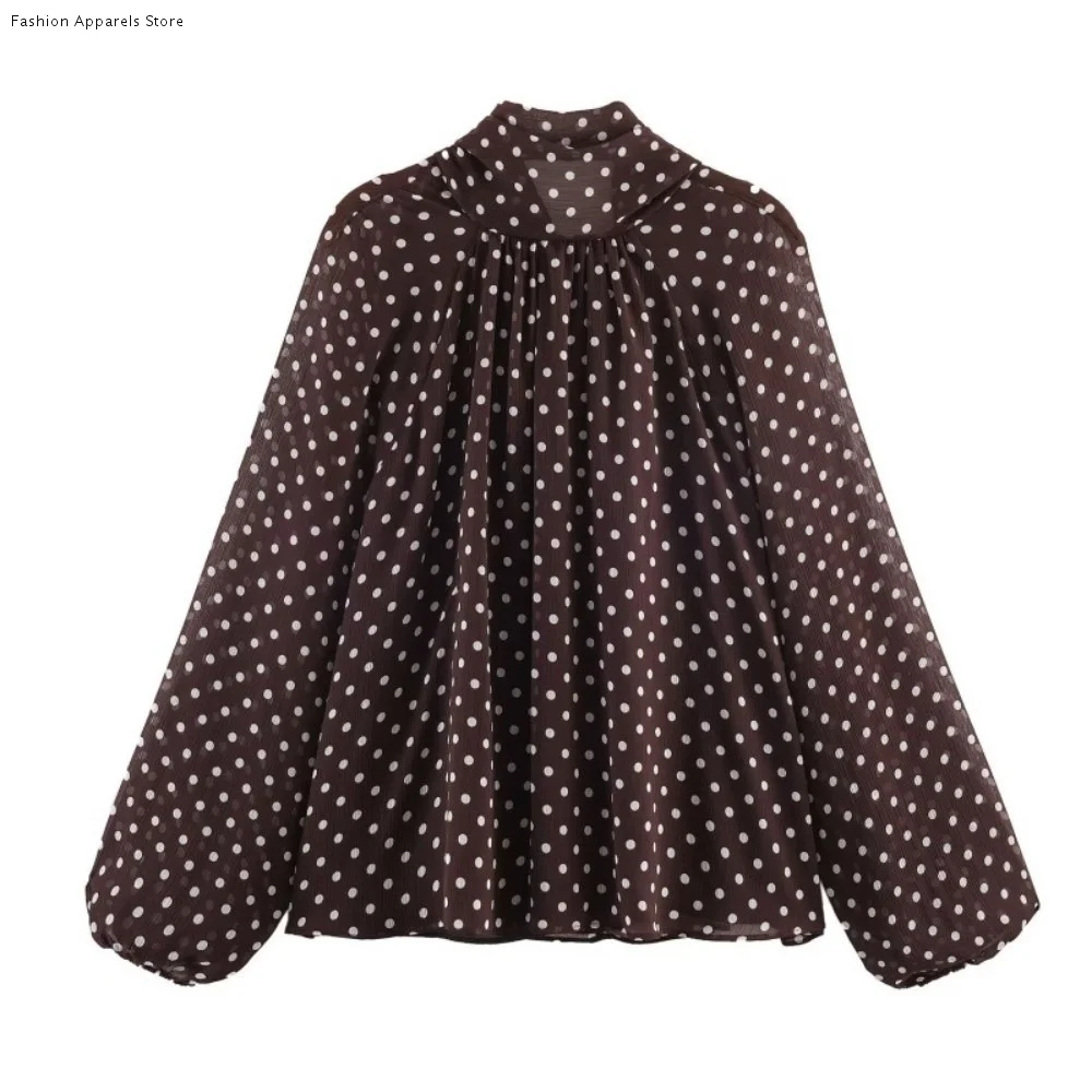 

Chic Lantern Sleeve Polka Dot Shirt Pleated Long Sleeve Lace Up Blouse Comfortable Breathable Chiffon Blouses Commute Outing