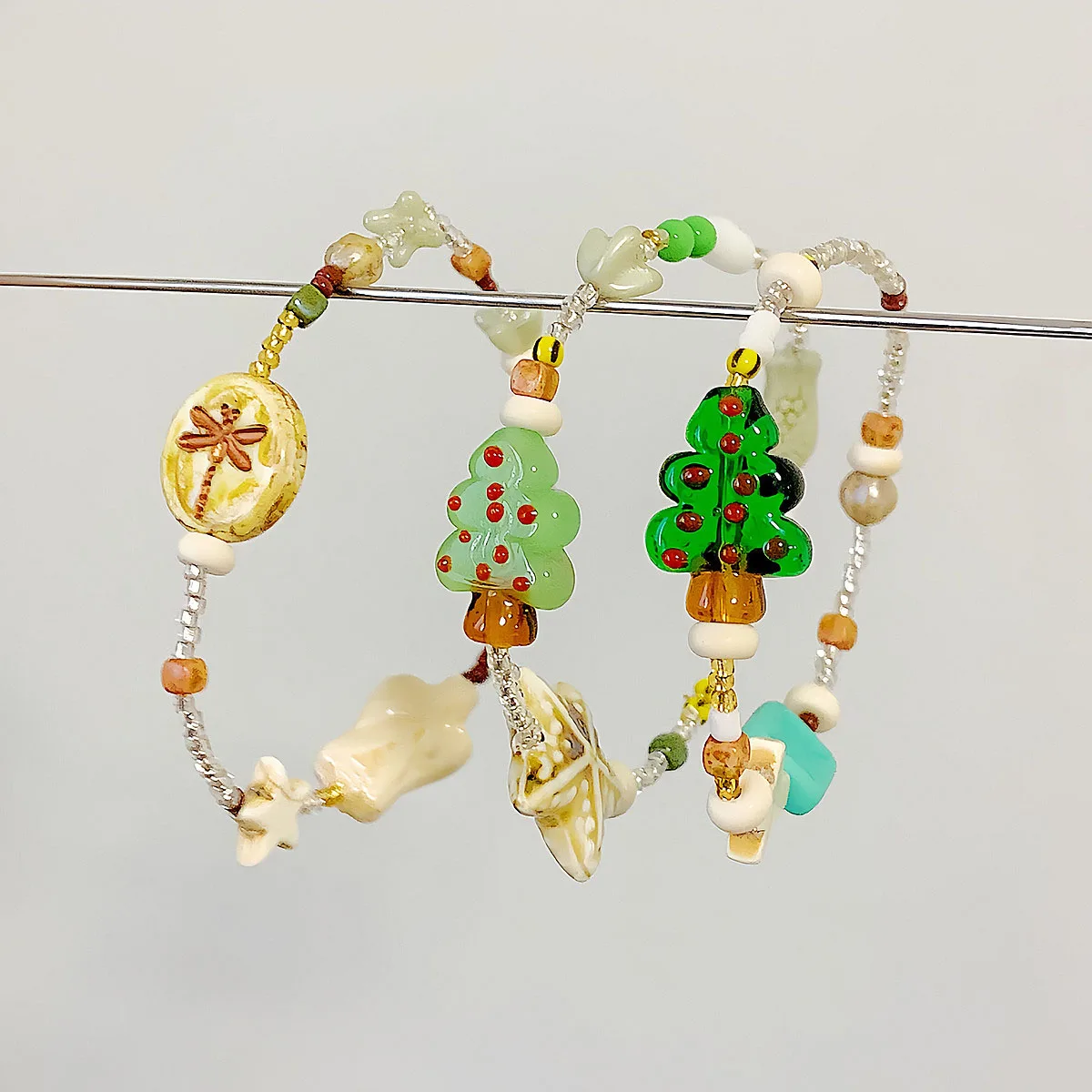 ZW46 1pcs Christmas Tree Hand-painted Glass Beads Scattered Beads Diy Handmade Beading Mobile Phone Chain Making Accessories